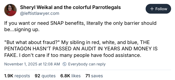 Screenshot of Bluesky post about SNAP benefits being withheld from the poor